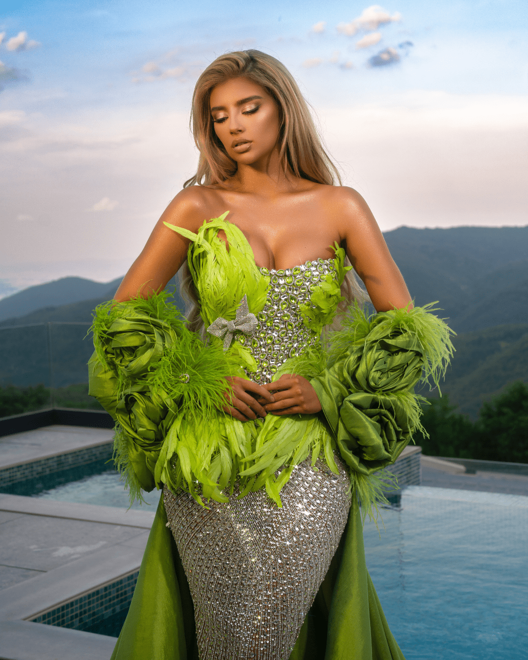 Deore Green Dress with Feathers and Crystals - BLINI