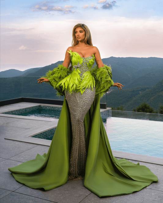 Deore Green Dress with Feathers and Crystals - BLINI