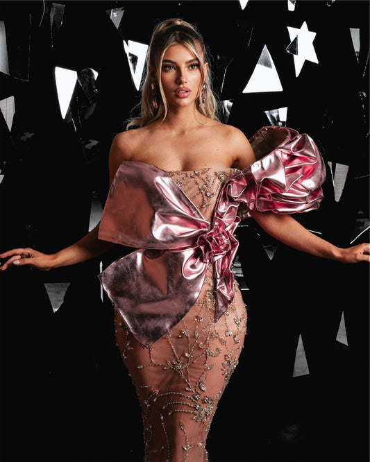 Divinora Light Pink Dress with Stones and Metallic Leather - BLINI