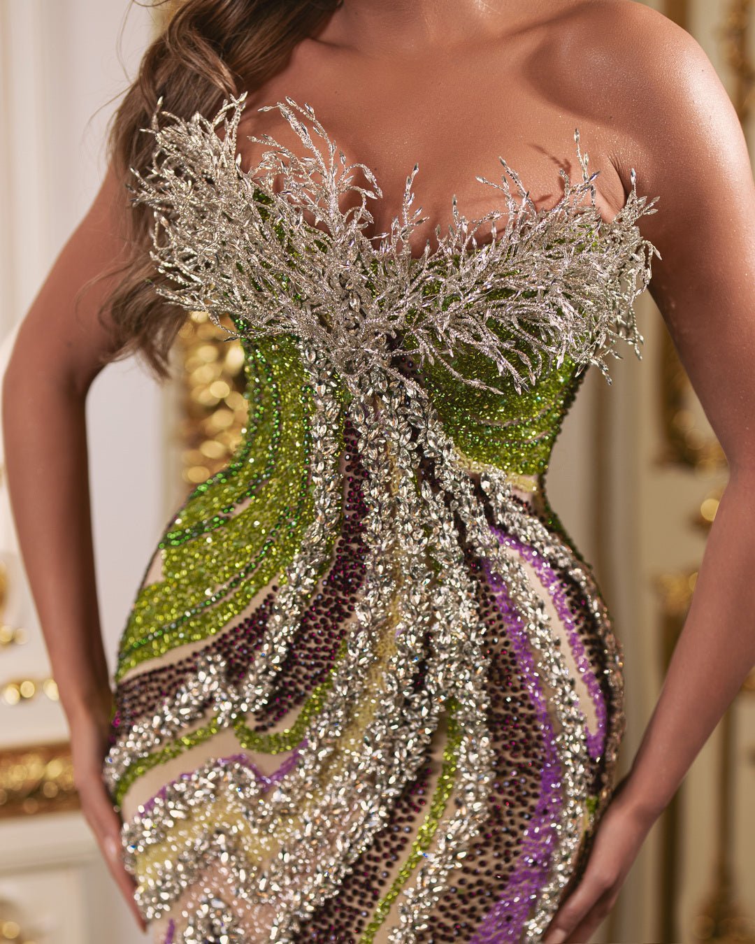 Donatella Sleeveless Dress with Crystals and Feathers - BLINI