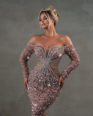 Elegant light pink dress with sequin fabric and silver stone embellishments