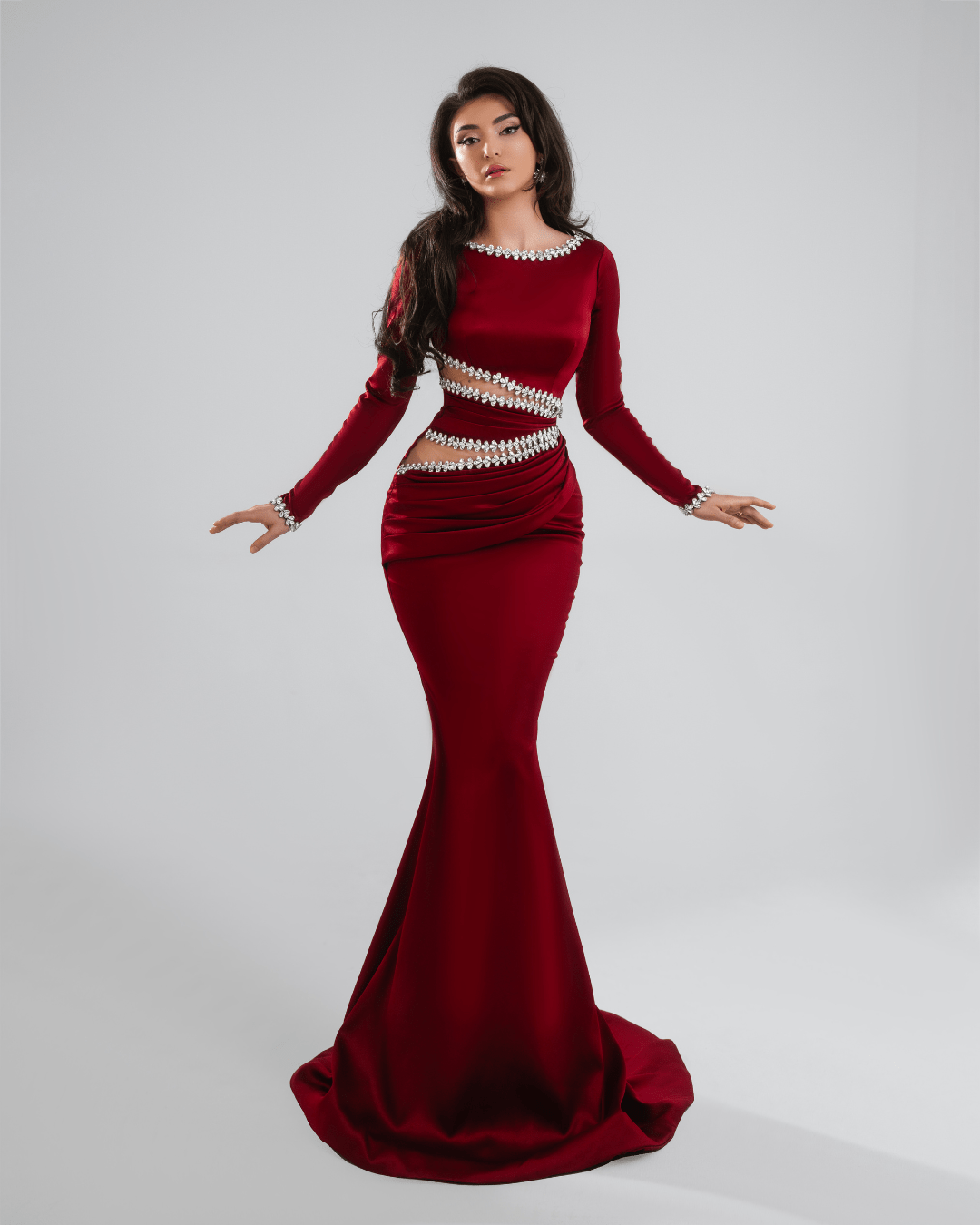 Elena Red Long Dress with Crystals and Cut Outs - BLINI