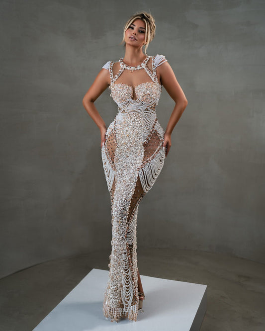 Elianna White Dress with Sequins and Pearls - BLINI