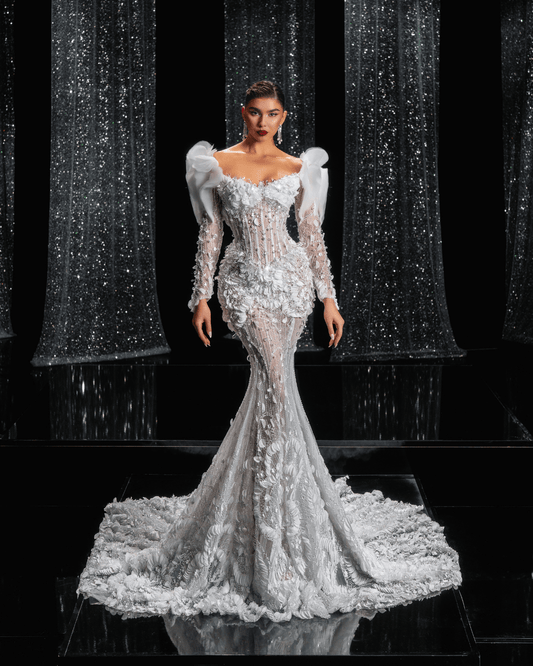 Elipse Bridal Dress with Pearls and Flowers - BLINI