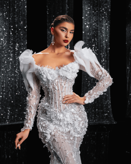 Elipse Bridal Dress with Pearls and Flowers - BLINI