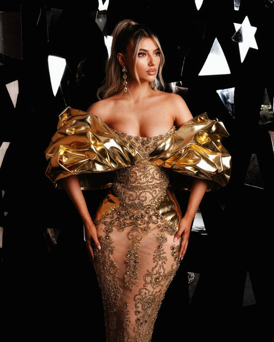 Ellyse Gold Dress with Beads and Metallic Leather - BLINI