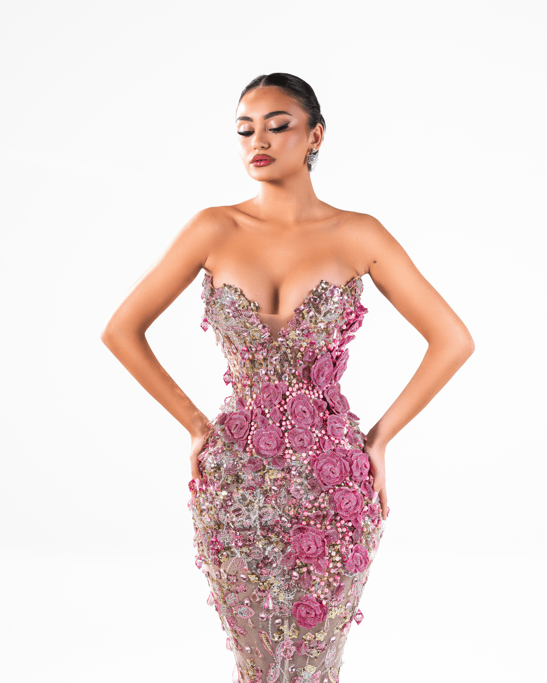 Elmara Pink Long Sleeveless Dress with Crystals and Feathers - BLINI