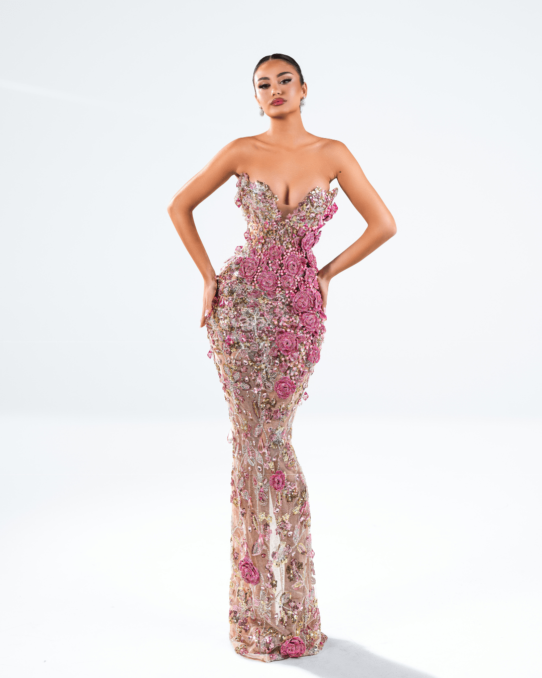 Elmara Pink Long Sleeveless Dress with Crystals and Feathers - BLINI