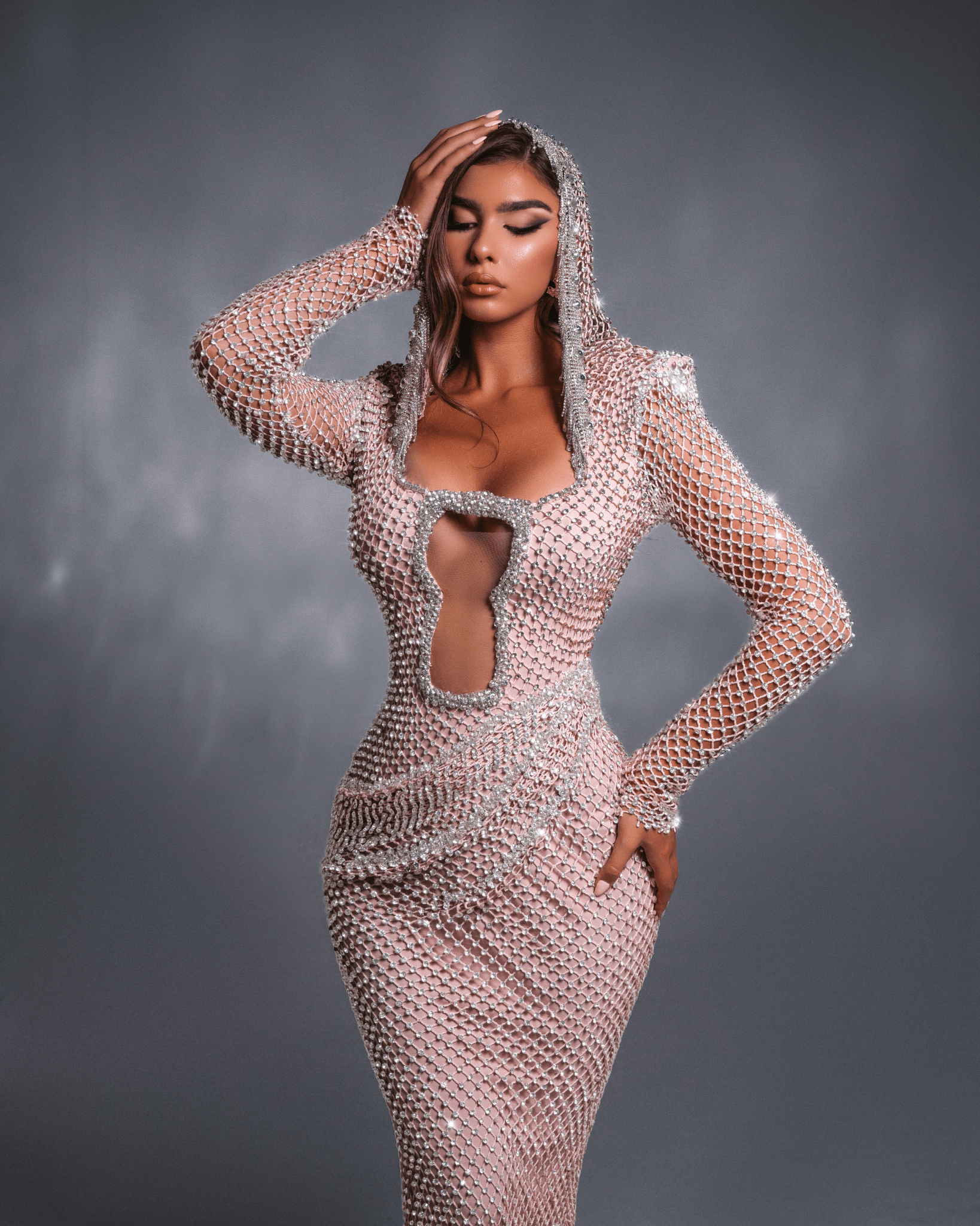 Elnese Pink Long Dress with Cut - Outs and Headscarf - BLINI