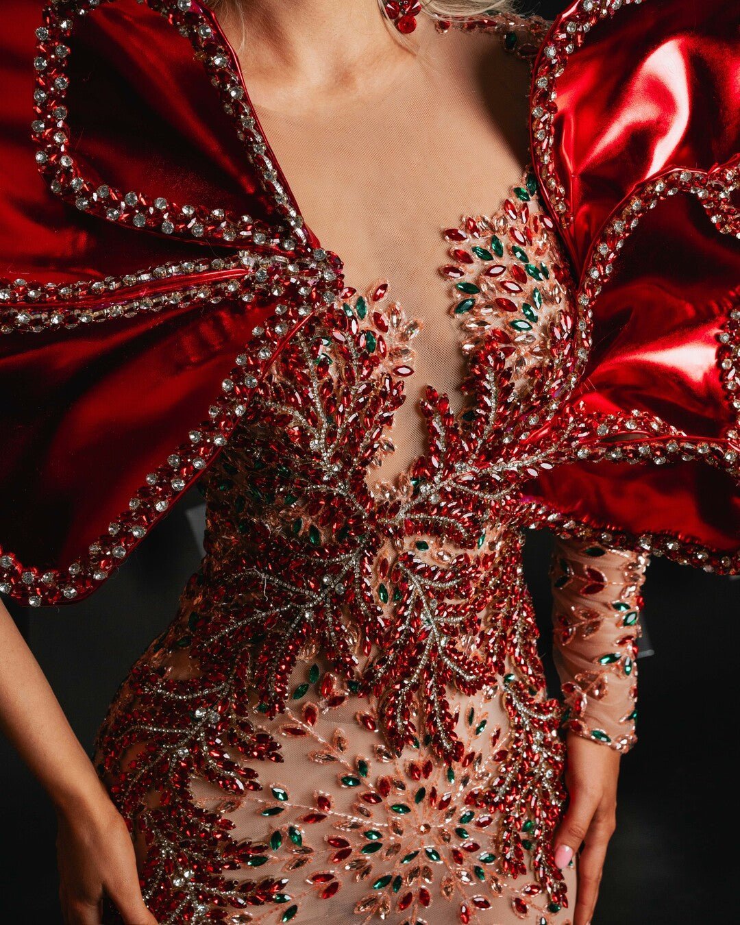 Elodiya Red Dress with Crystals and Metallic Leather - BLINI