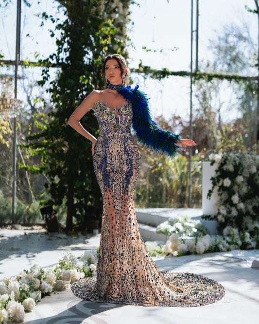 Elsie One Shoulder Dress with Crystal and Feathers - BLINI