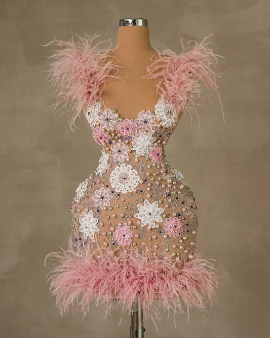 Elveera Pink Dress with Flowers and Feathers - BLINI