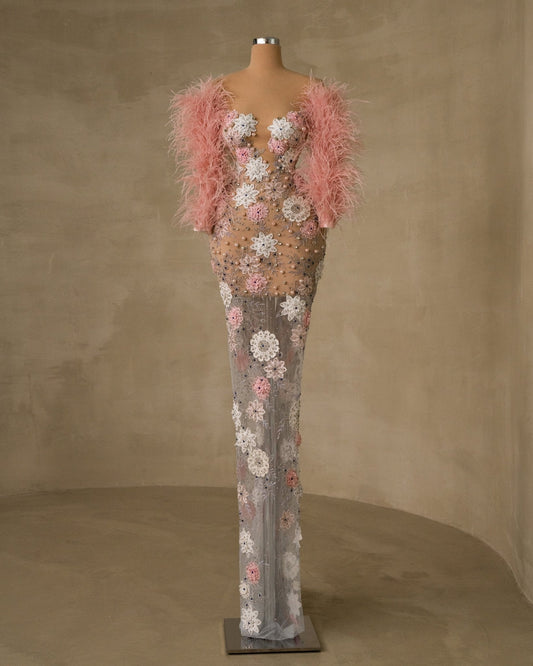 Elvyrah Feather Dress with Flowers - BLINI