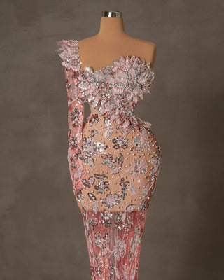 Elegant Light Pink Dress with Sequins and 3D Flowers