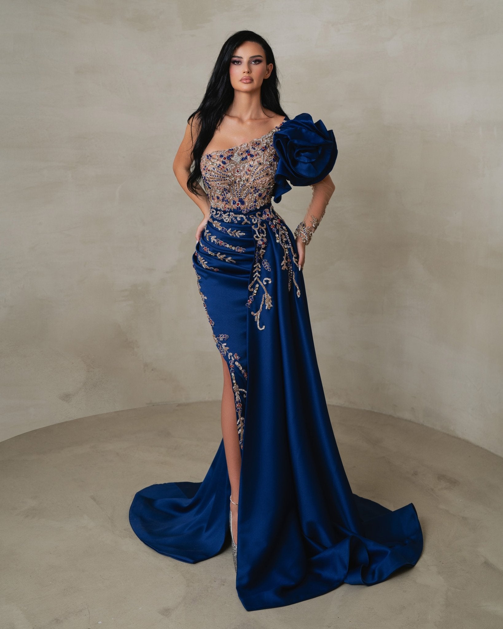 Navy blue satin long dress hotsell