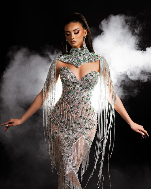 Emeline Silver Dress with Crystals and Tassels - BLINI