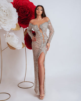 Silver off shoulder dress with long sleeves and crystal embellishments