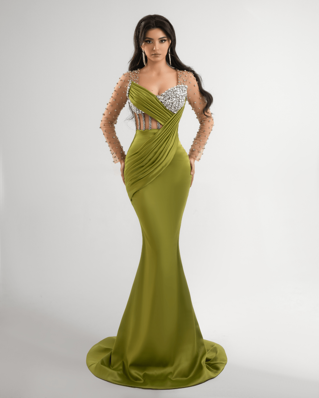 Enea Green Long Dress with Crystals and Sleeves - BLINI