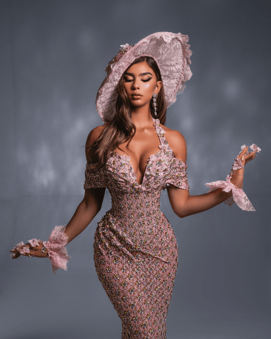 Enesya Pink Long Dress with Fedora Style Hat and Gloves - BLINI