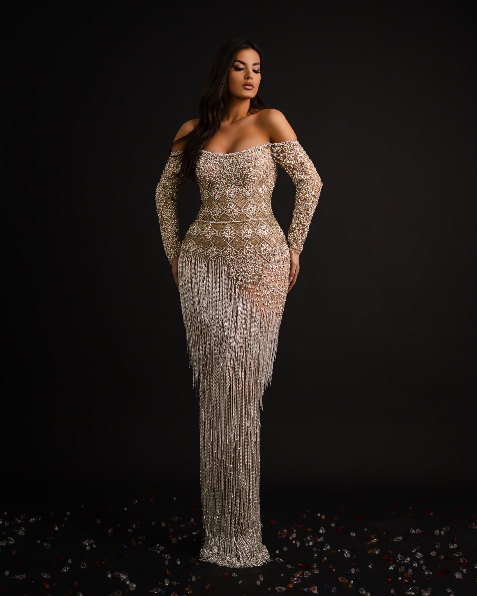 Enikő Off Shoulder Dress with Silver Tassels - BLINI