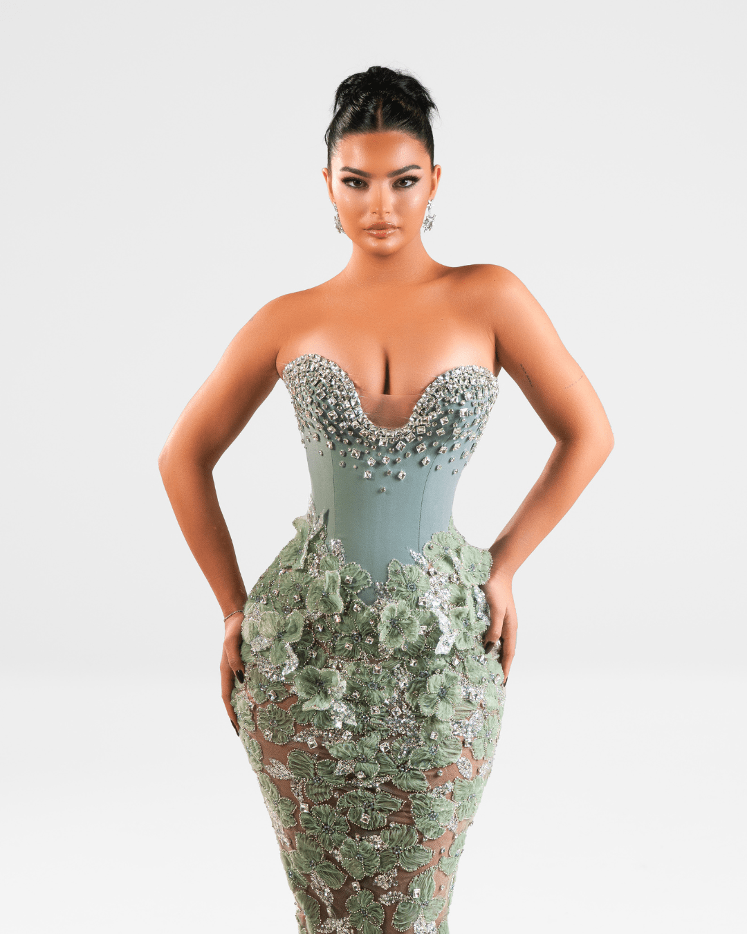 Ereya Green Long Sleeveless Dress with Crystals and Flowers - BLINI