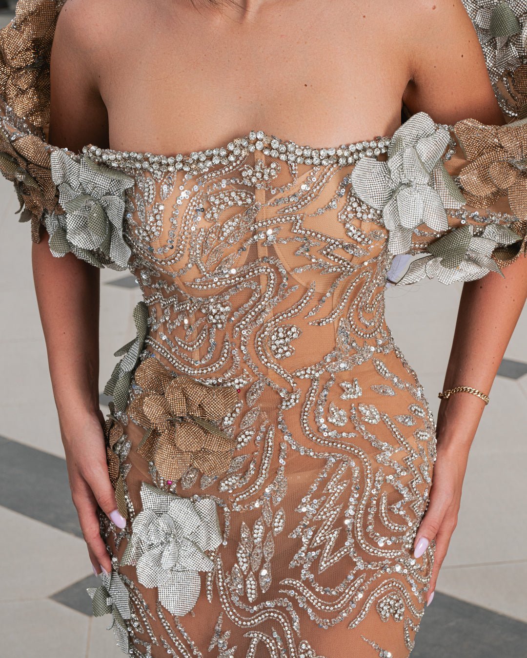 Eva Nude Dress with 3D Floral Appliqués Design - BLINI