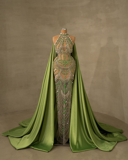 Evangelyne Rhinestone Dress with Green Cape - BLINI