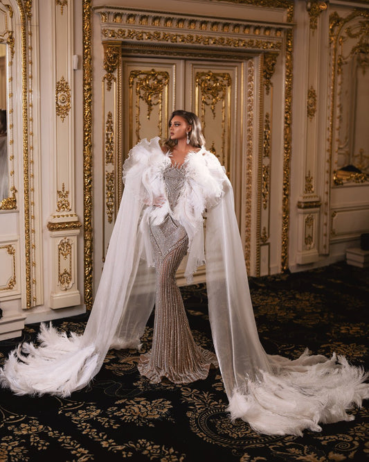 Evelina White Dress with Crystals and Feathers - BLINI