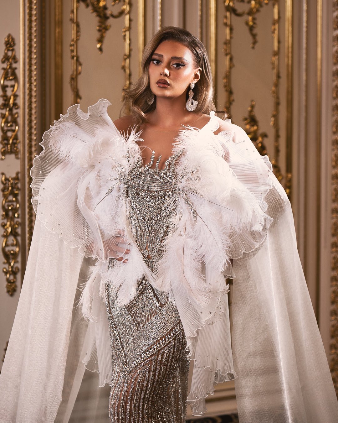 Evelina White Dress with Crystals and Feathers - BLINI