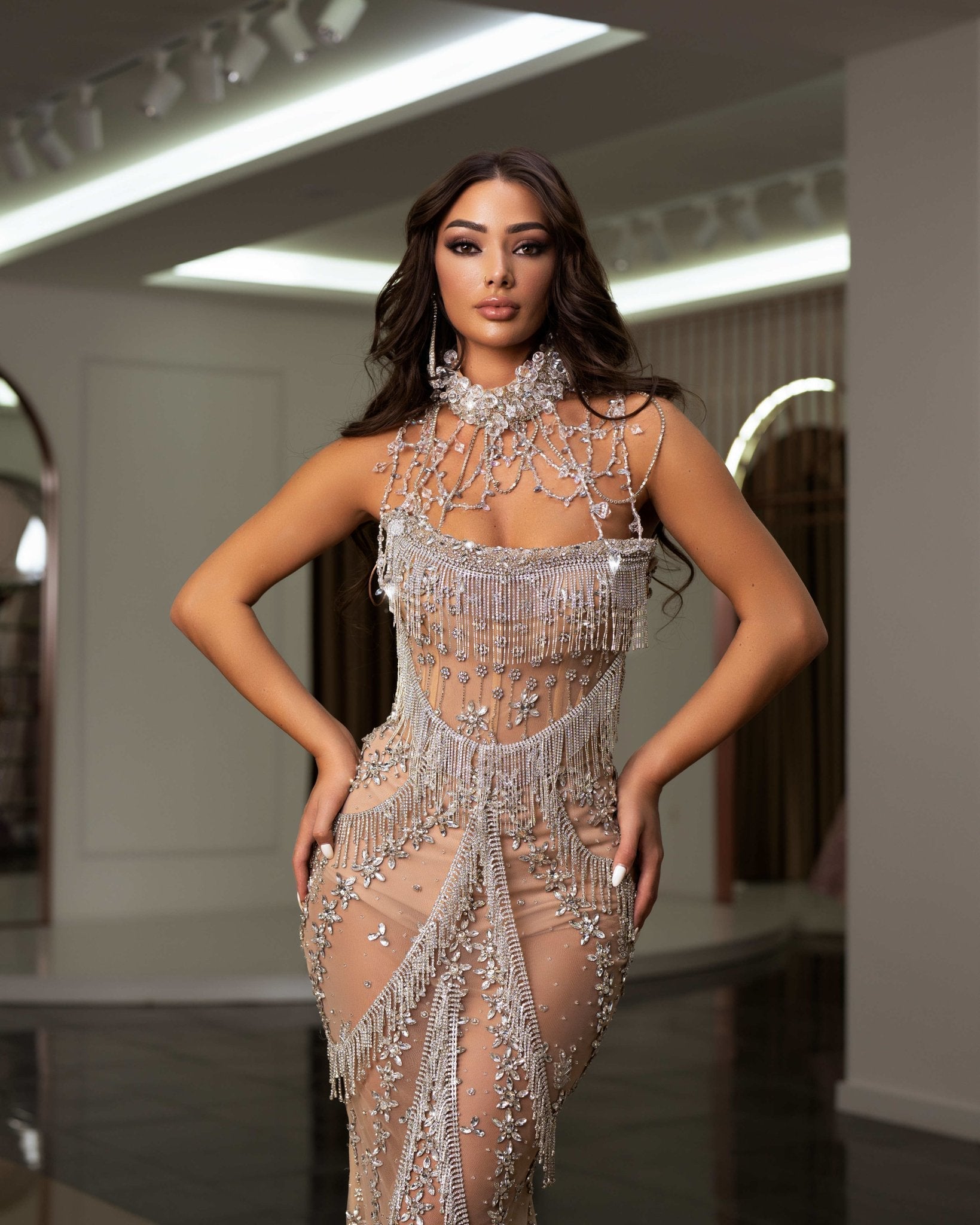 Fabelisa Stone and Tassel Embellished Dress with Neck Detail - BLINI