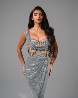 Elegant silver gown with draped detailing and a floor-length design.