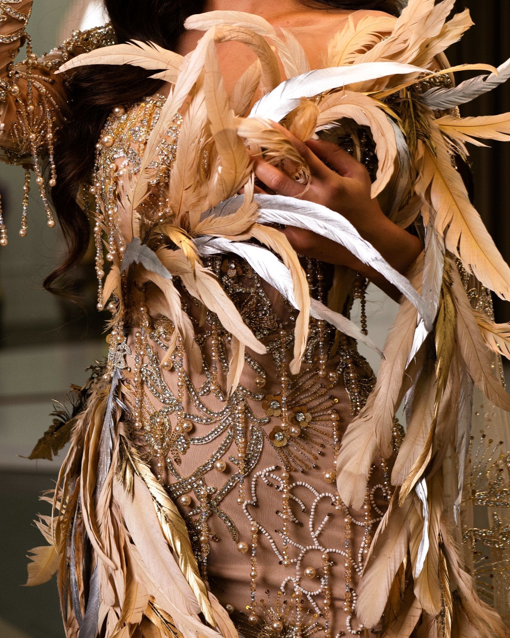 Felinia Beige Dress Embellished with Feathers - BLINI