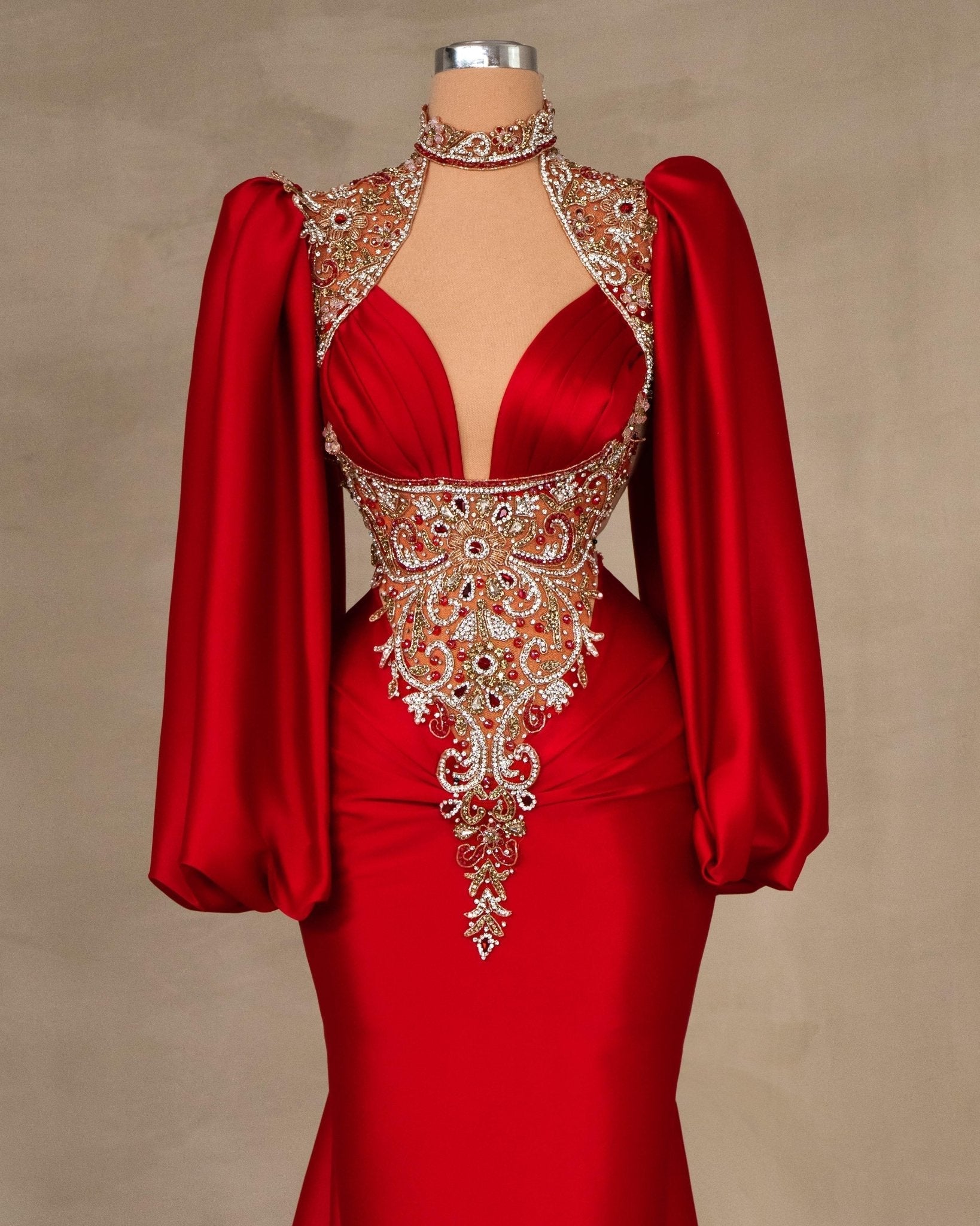 Finnella Red Dress Embellished with Stones and Puff Sleeves - BLINI