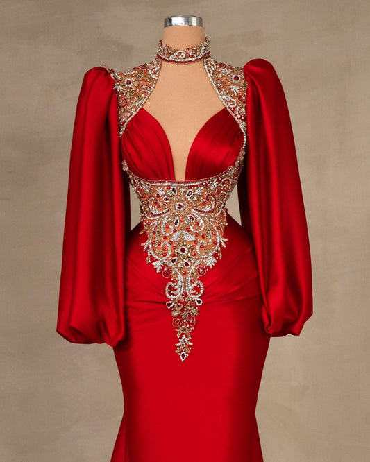 Finnella Red Dress Embellished with Stones and Puff Sleeves - BLINI