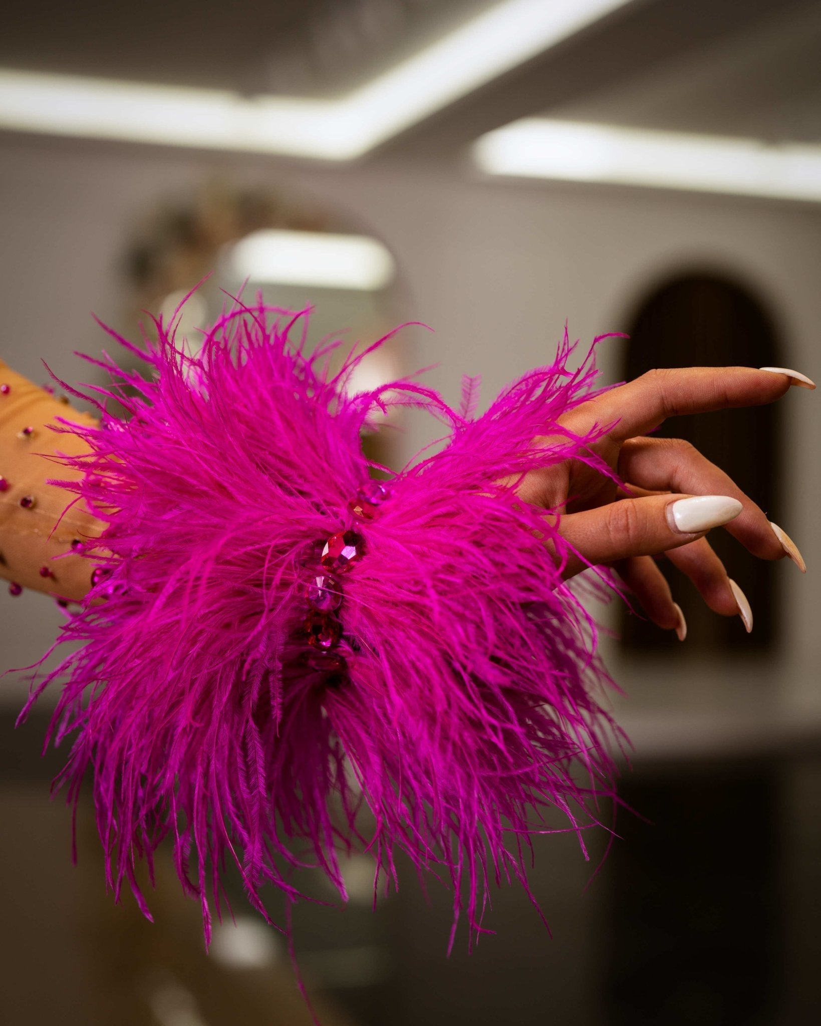 Fioresa One - Shoulder Dress Embellished with Stones and Feathers - BLINI