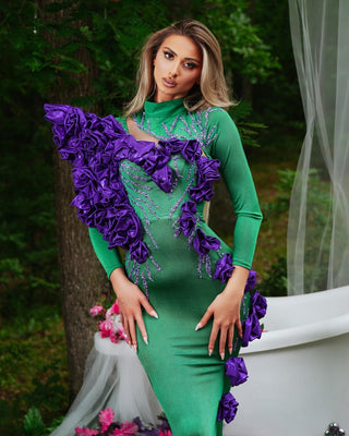 Stylish high-necked green dress with long sleeves and purple flower details