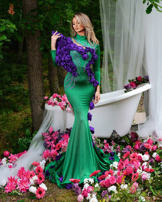 Elegant long green dress with purple sparkle and floral embellishments