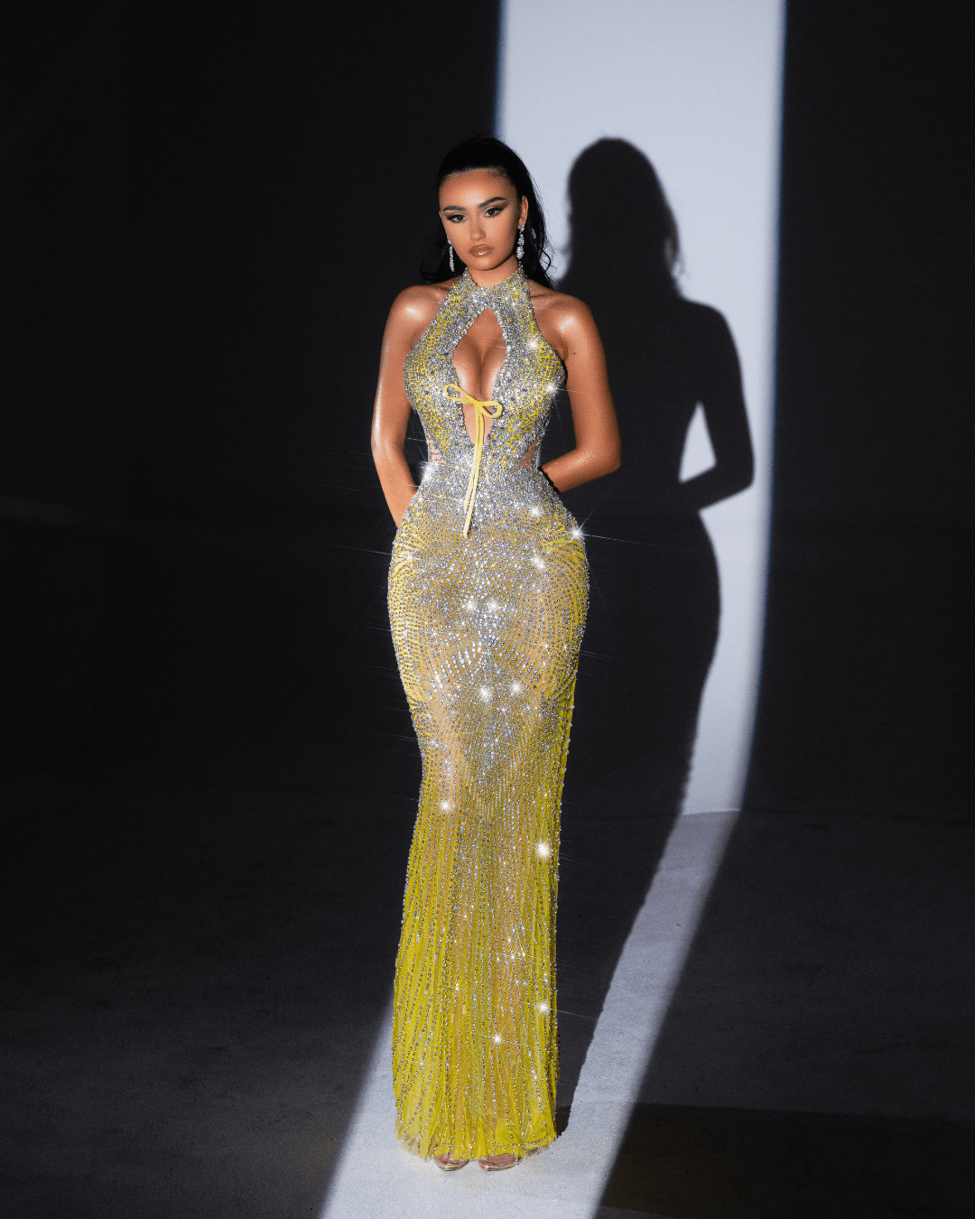 Florele Sleeveless Yellow Dress with Cut - Outs and Crystals - BLINI