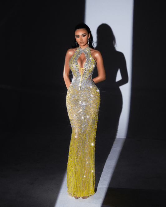 Florele Sleeveless Yellow Dress with Cut - Outs and Crystals - BLINI