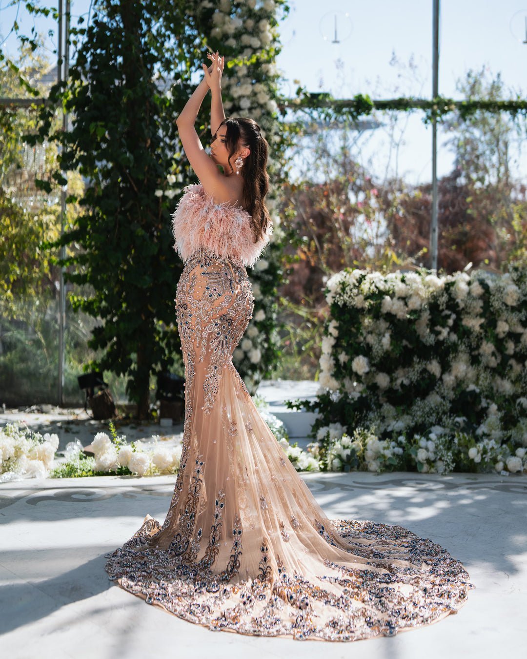 Florencia Pink Dress with V - Neck and Feather Details - BLINI