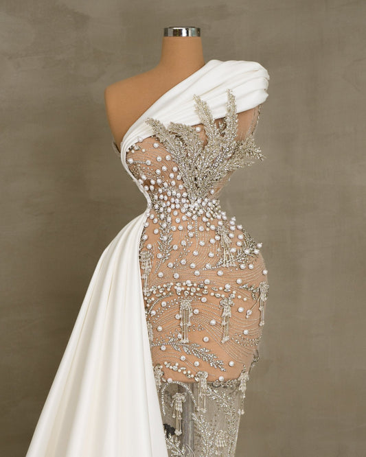 Forenna Bridal Dress Embellished with Pearls and Side Tail - BLINI