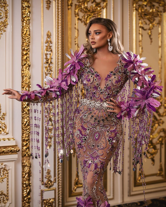 Francessca Purple Dress with Stones and Feathers - BLINI