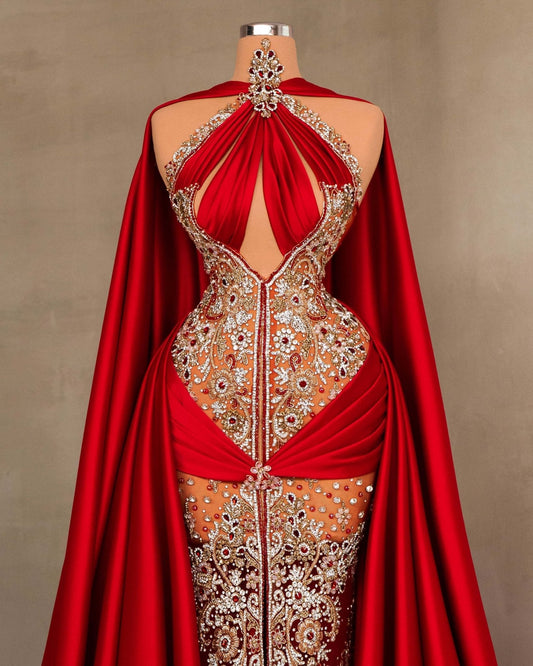 Fynela Red Dress Embellished with Stones and Cape - BLINI