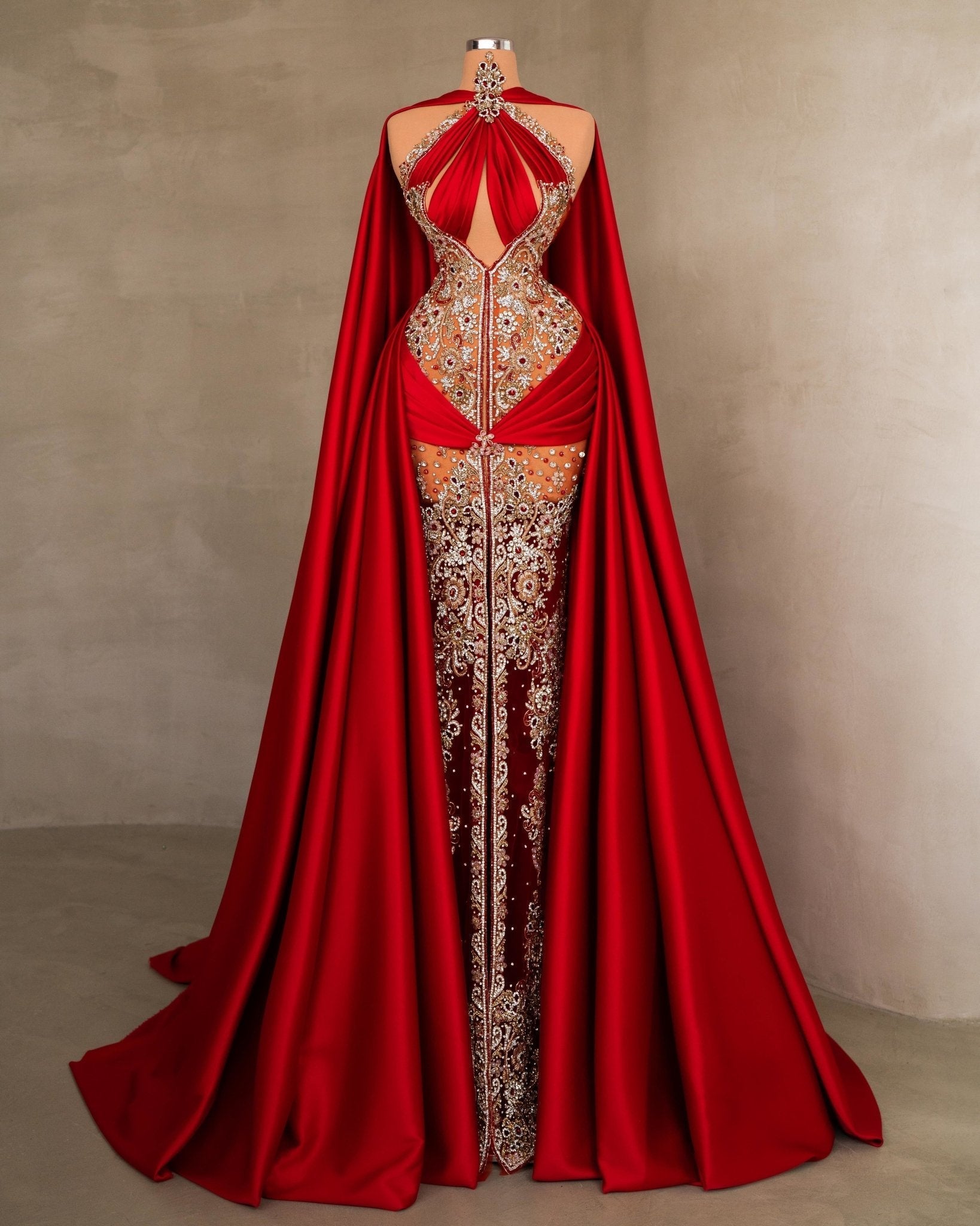 Fynela Red Dress Embellished with Stones and Cape - BLINI