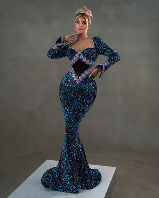 Long Sleeve Galaxy Dress Featuring a Sequined Fabric and Embellished Bodice