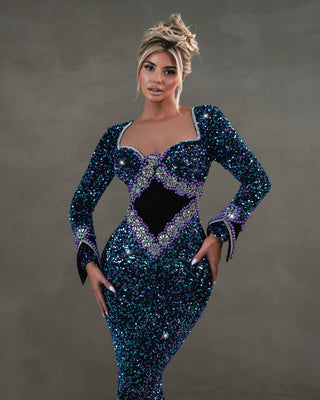 Elegant Galaxy Dress with Sequins and Stones in Blue and Purple