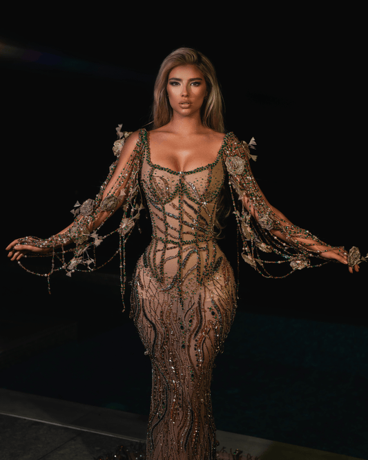 Galera Nude Dress with Roses and Crystals - BLINI