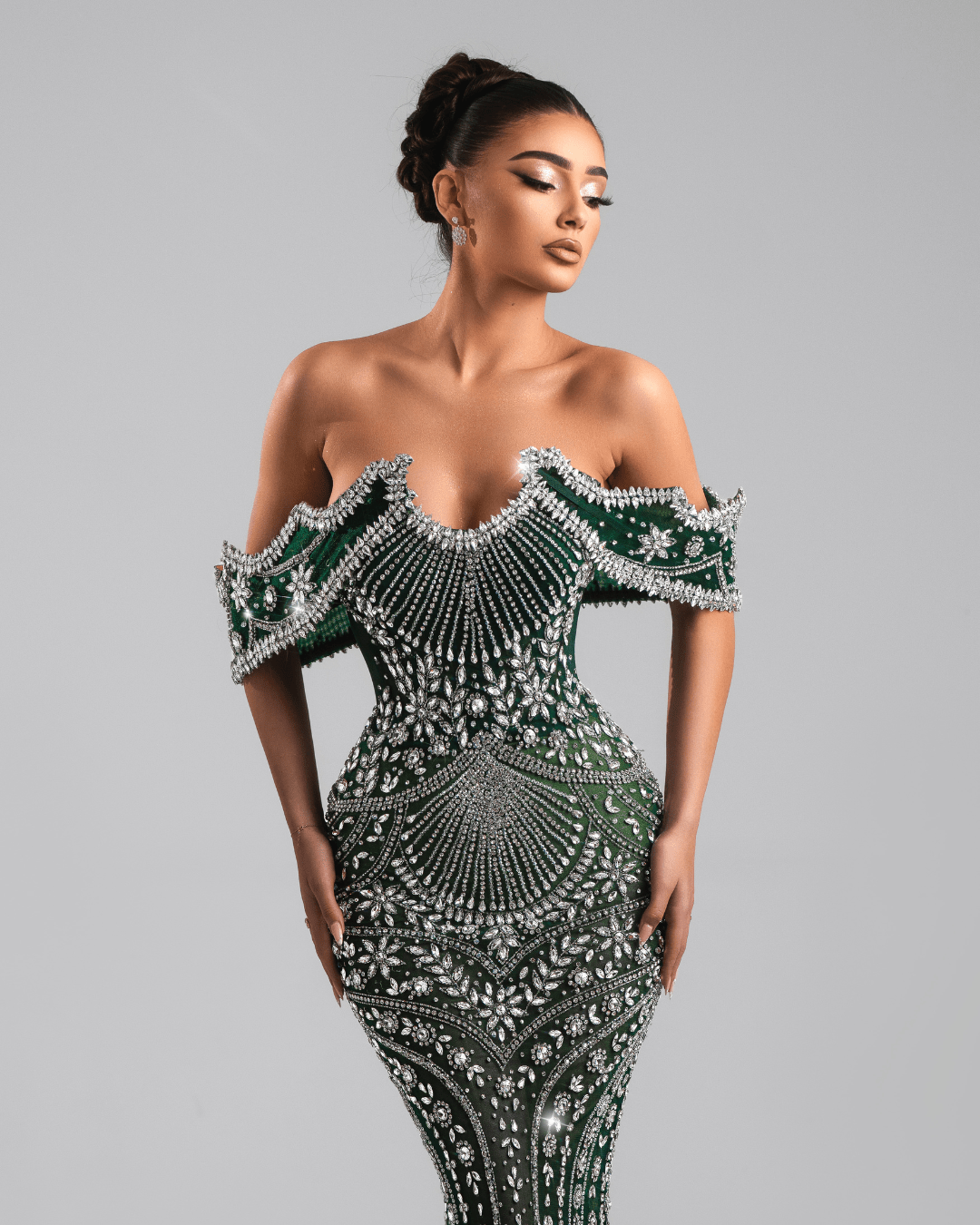 Geneta Green Long Dress Off Shoulders with Crystals - BLINI
