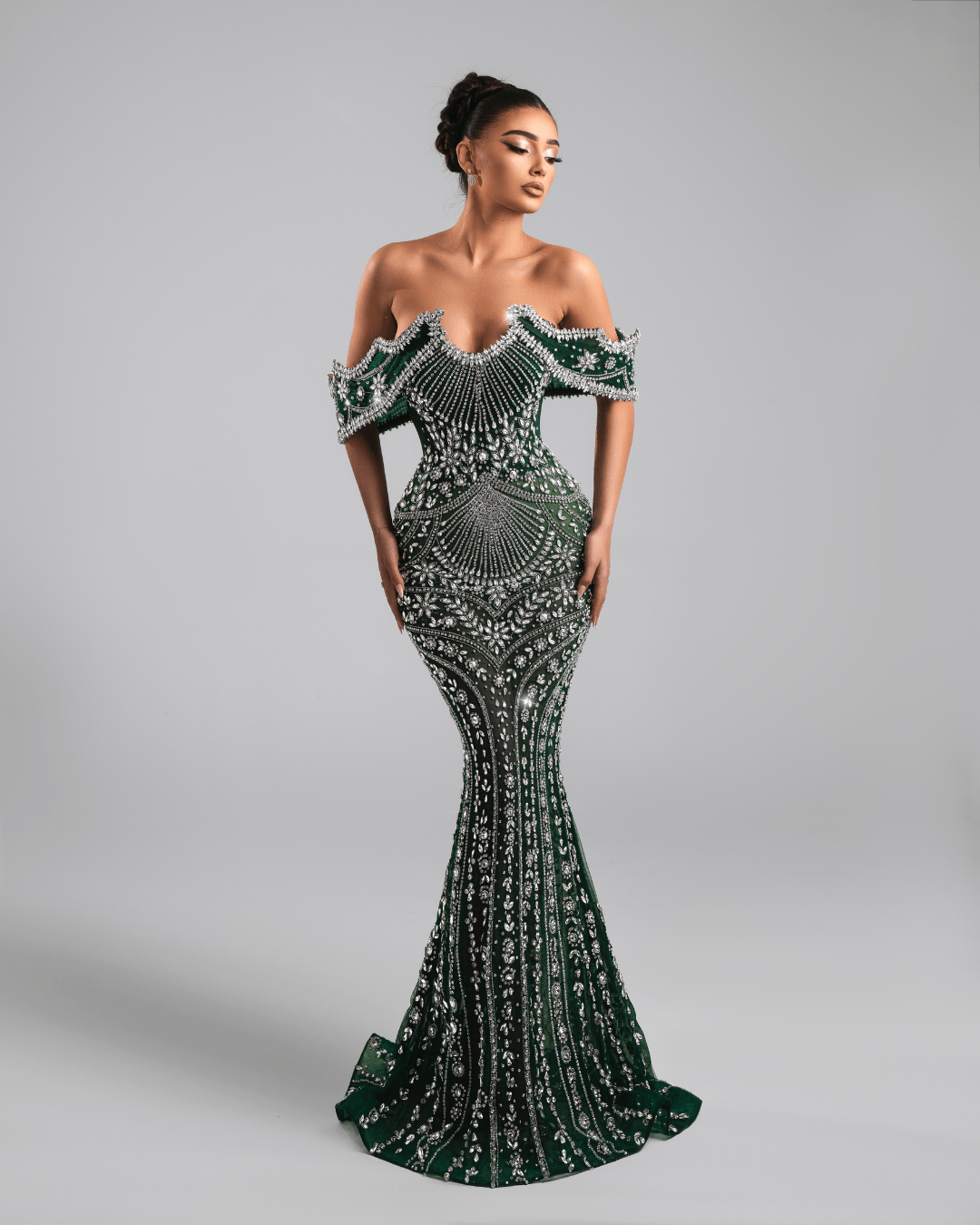 Geneta Green Long Dress Off Shoulders with Crystals - BLINI