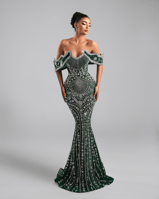 Geneta Green Long Dress Off Shoulders with Crystals - BLINI